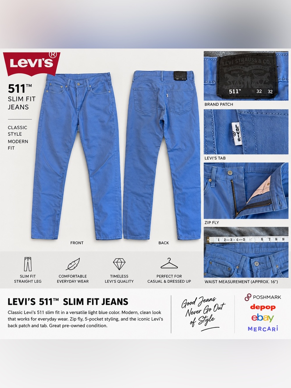 Levi's Men's Slim Jeans in Light Blue - Picture 3 of 8